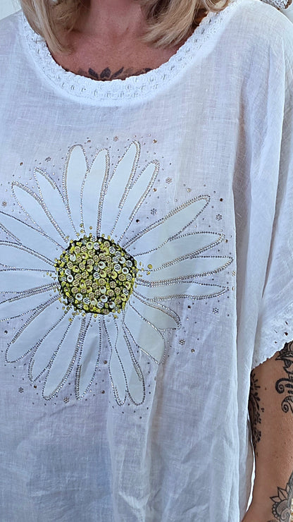 Lin Topp med Blomsterprint hvit