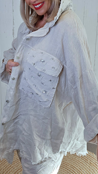 Lisa linskjorte med paljettdetaljer beige