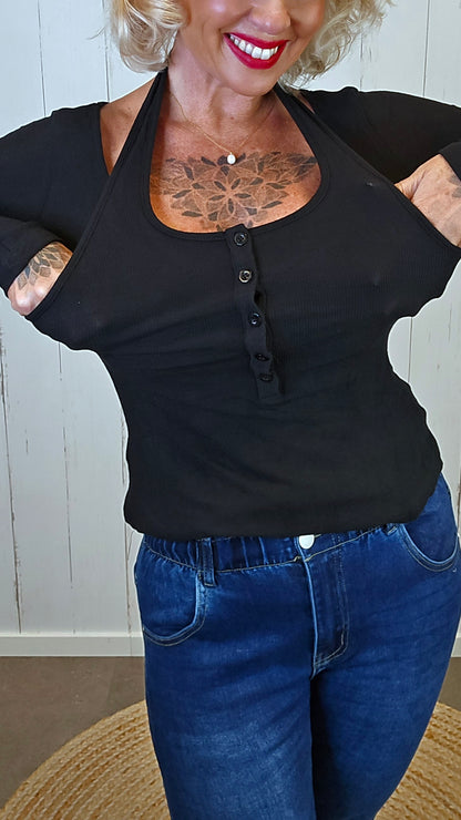 Jade ribbet lag-på-lag topp svart