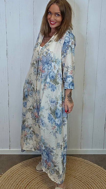 Pernille lang kjole med knapper Blå/beige