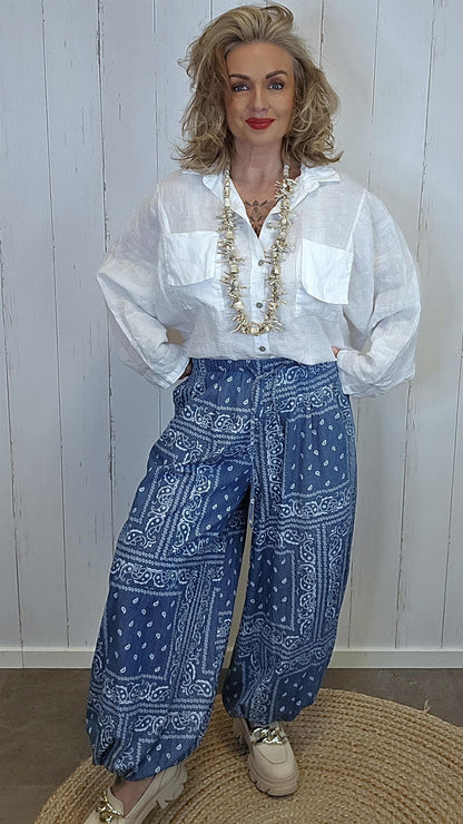 Mønstret bukse med strikk og knyting blå