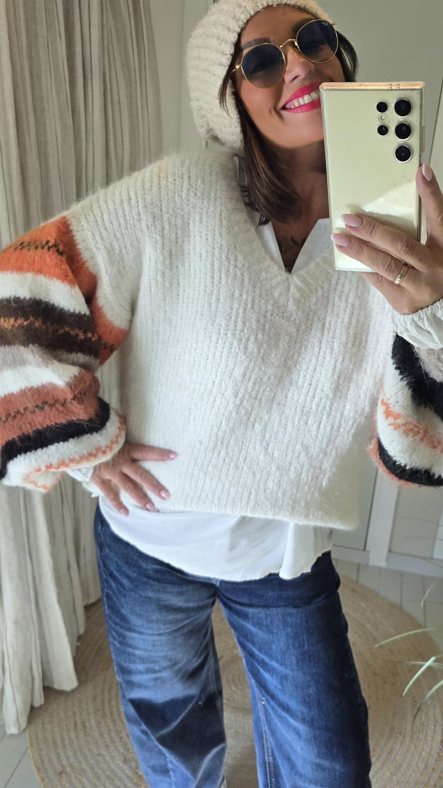 Camilla strikket genser med vide armer creme