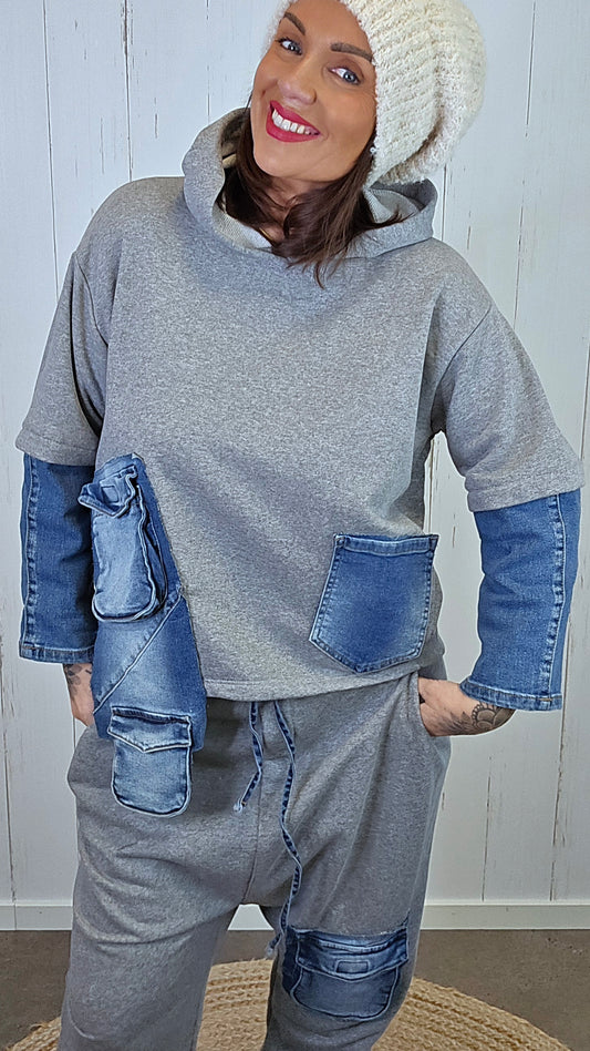 Nora Sett med denimdetaljer Grå