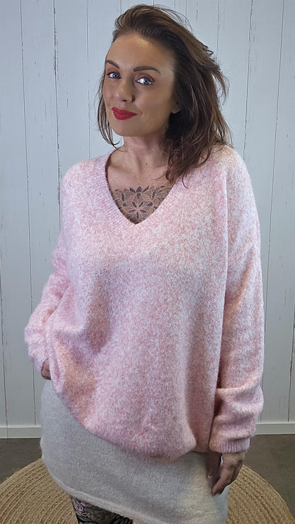 Ella Myk Strikket V-hals Genser Rosa