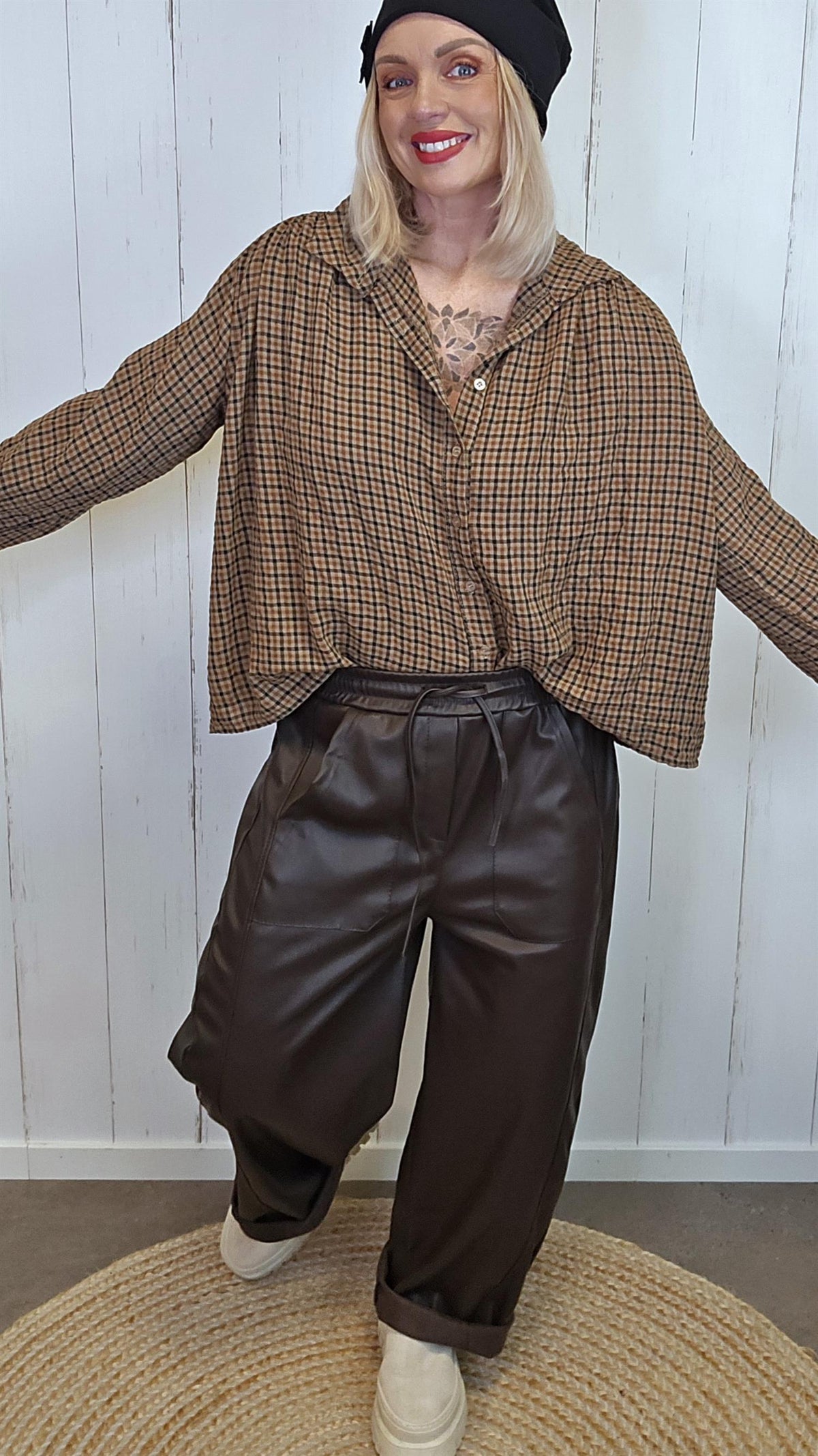 Olivia oversized smårutete skjorte