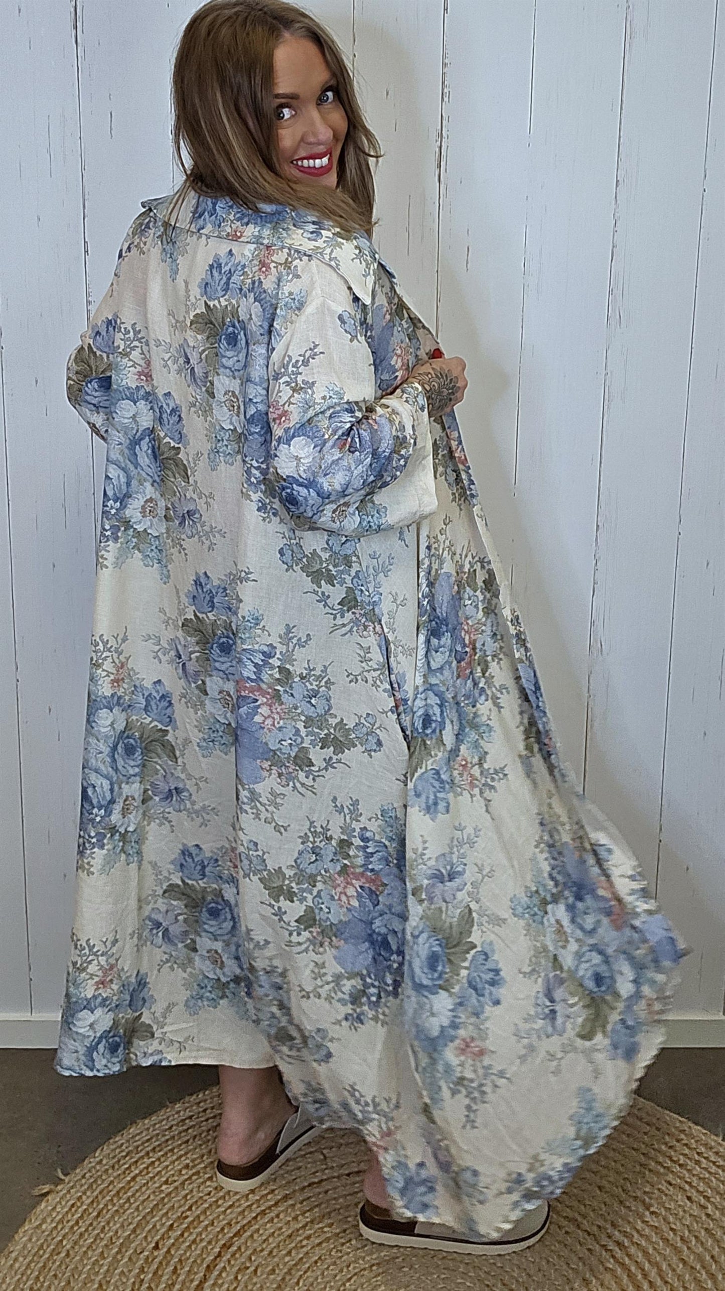 Pernille lang kjole med knapper Blå/beige