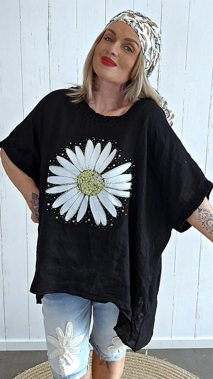 Lin Topp med Blomsterprint svart