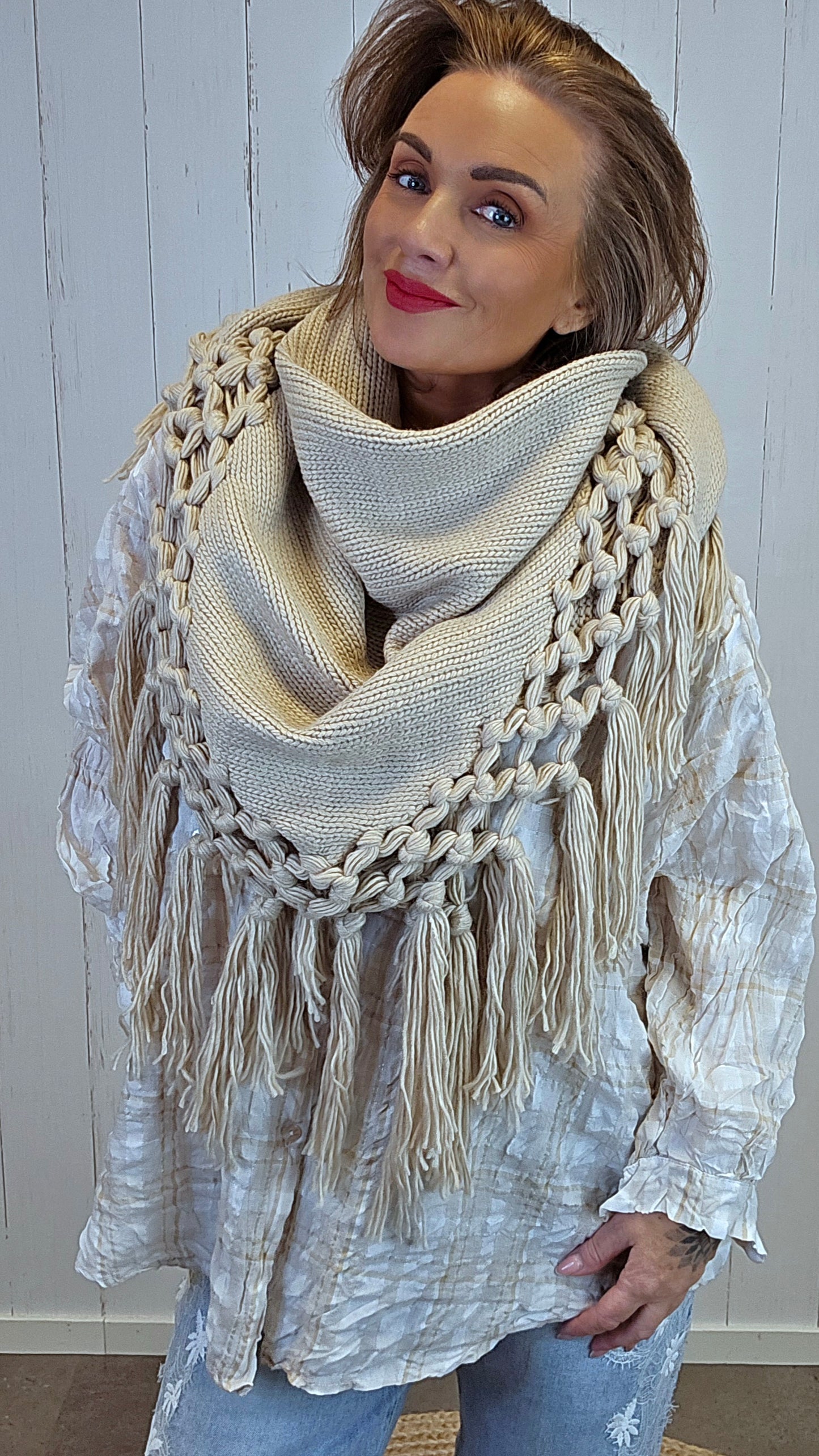 Lise Trekantskjerf med Frynser mørk beige