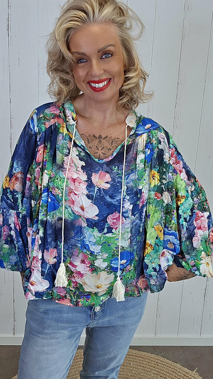 Nicole bluse med print blå