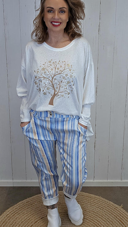 Gunnvor bukse blå/beige stripet