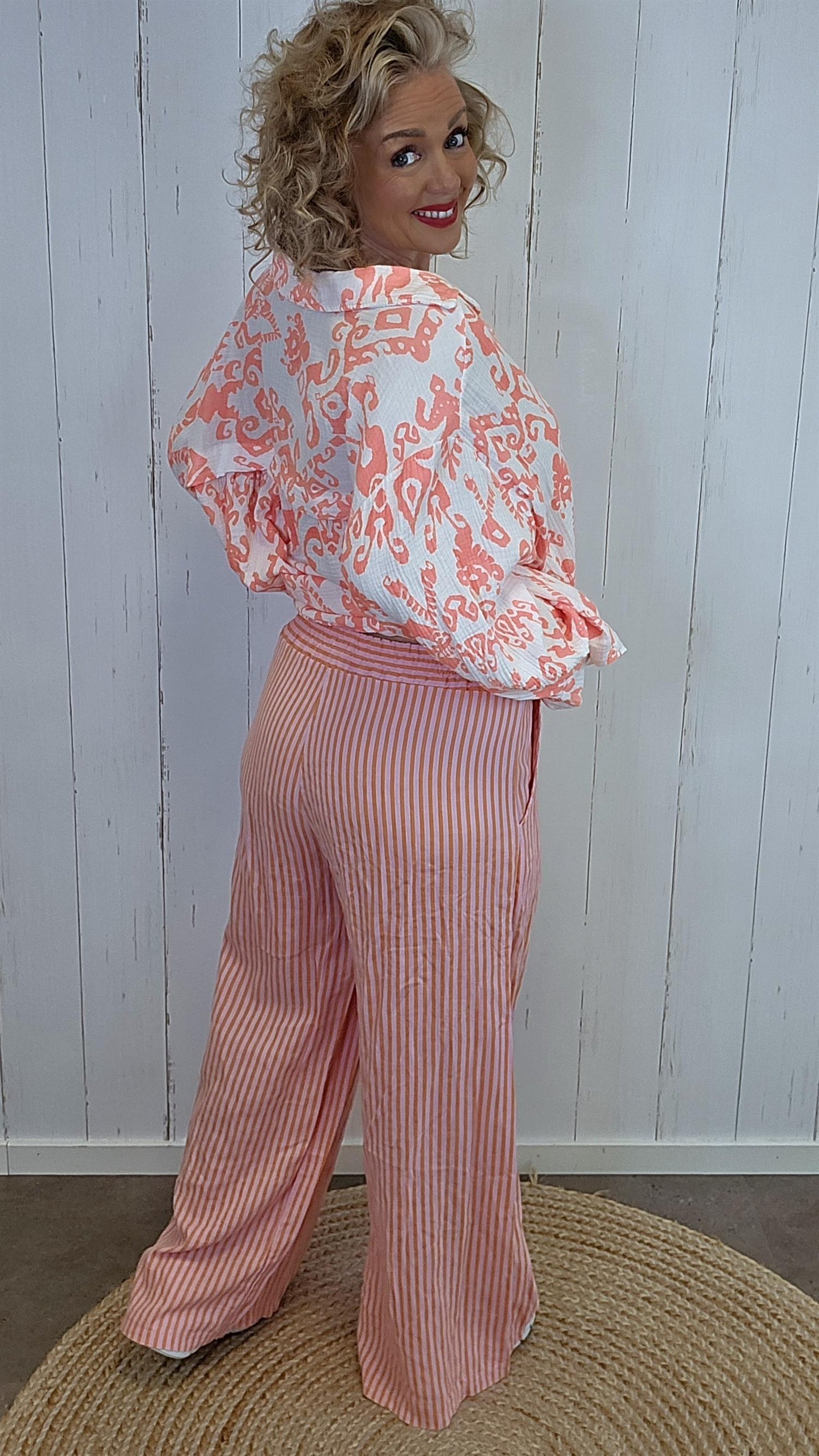 Lydia linbukse orange rosa stripet