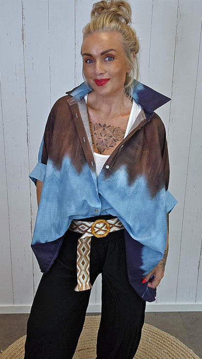 Batikk Poncho skjorte blå/brun
