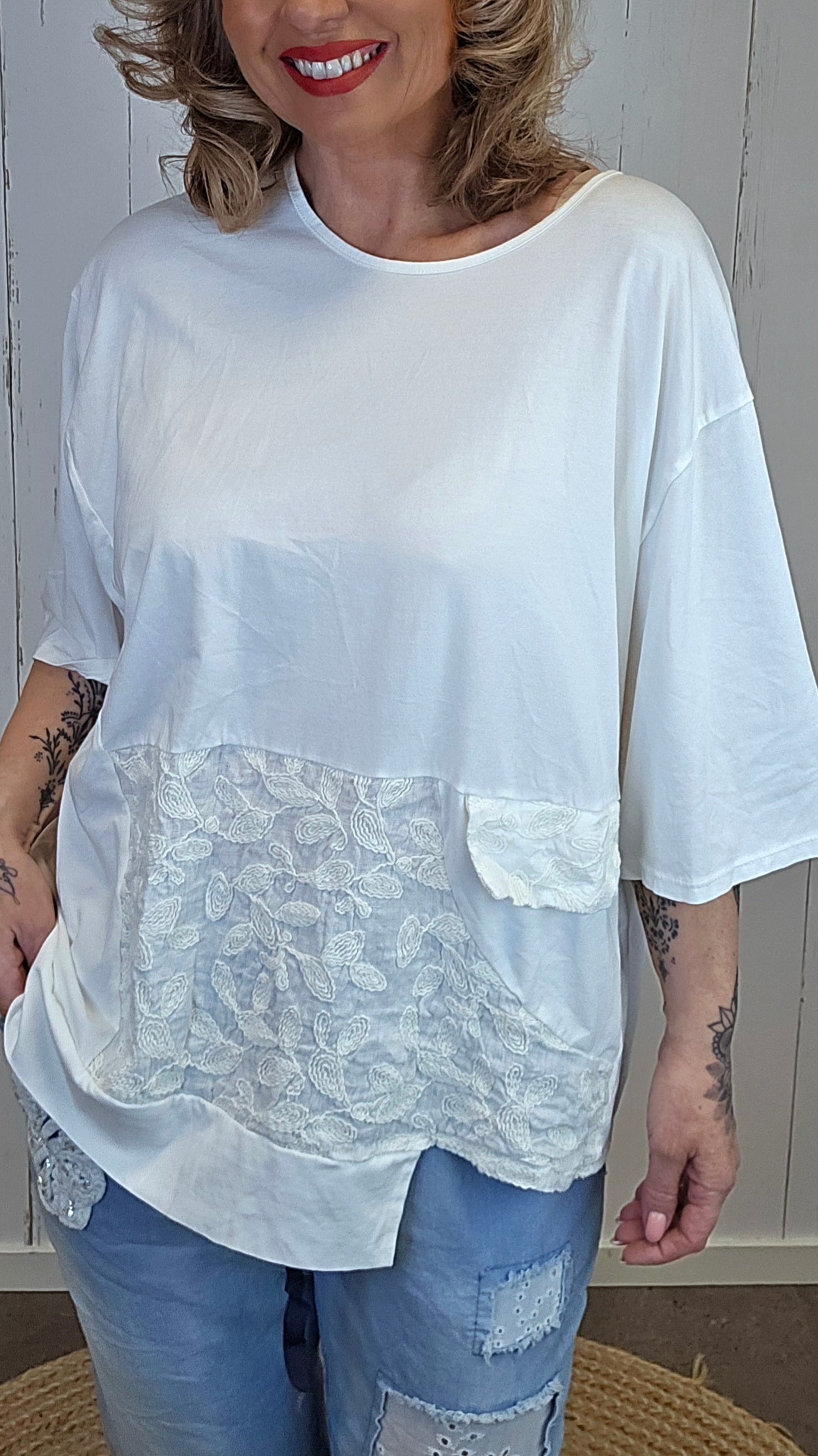 Lene topp med blondepanel offwhite