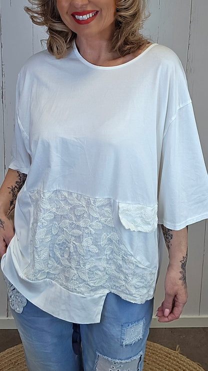 Lene topp med blondepanel offwhite