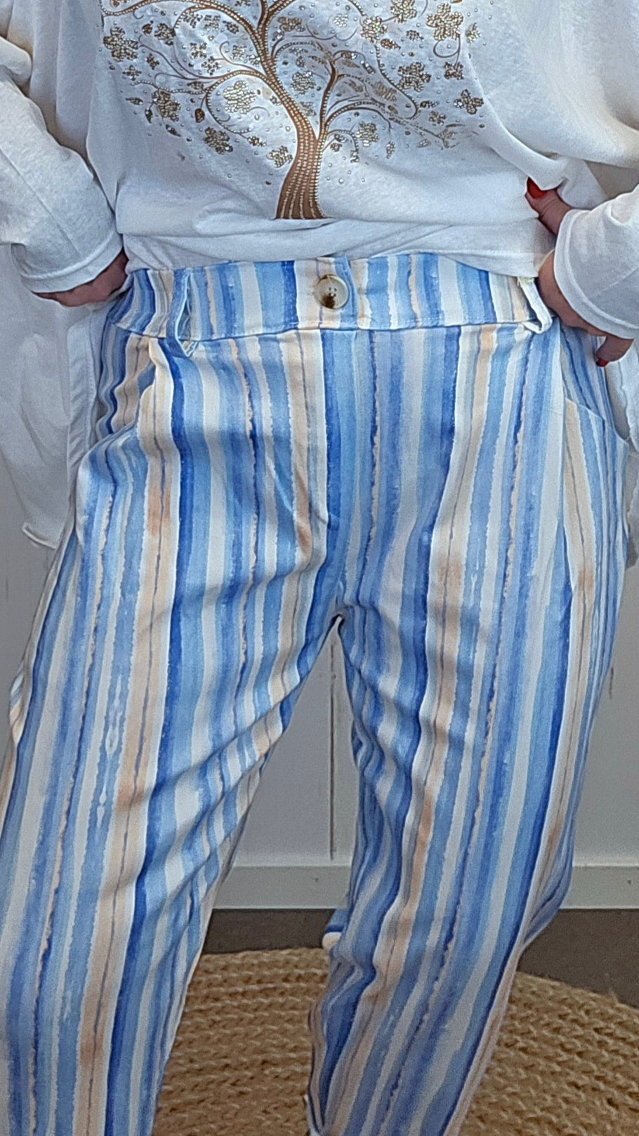 Gunnvor bukse blå/beige stripet