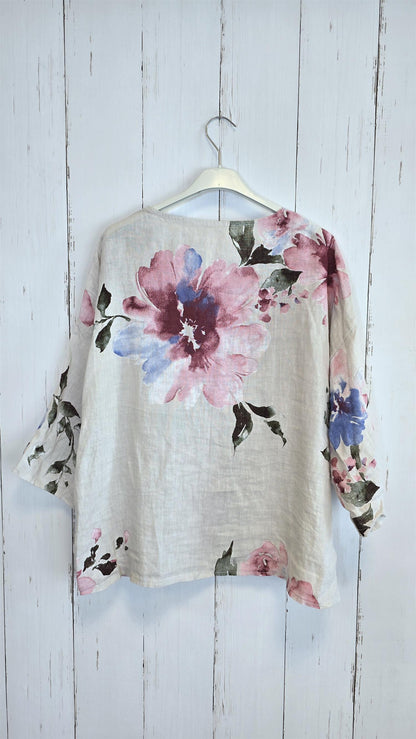 Line linskjorte med blomsterprint beige
