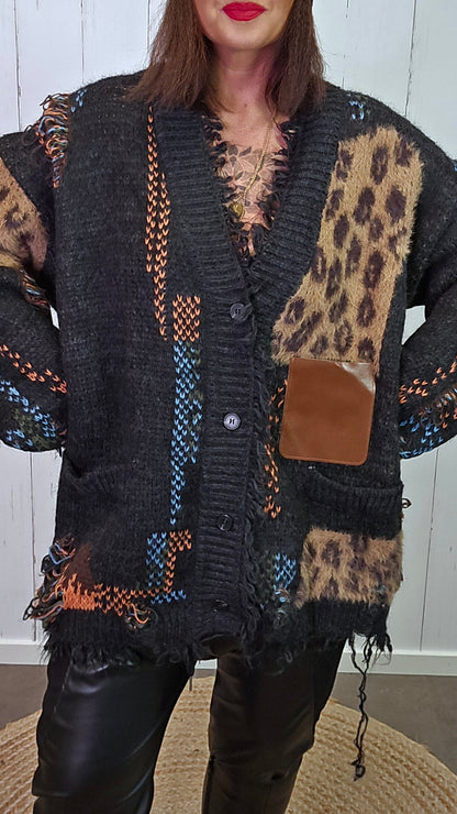 Rikke sort cardigan med leoparddetaljer