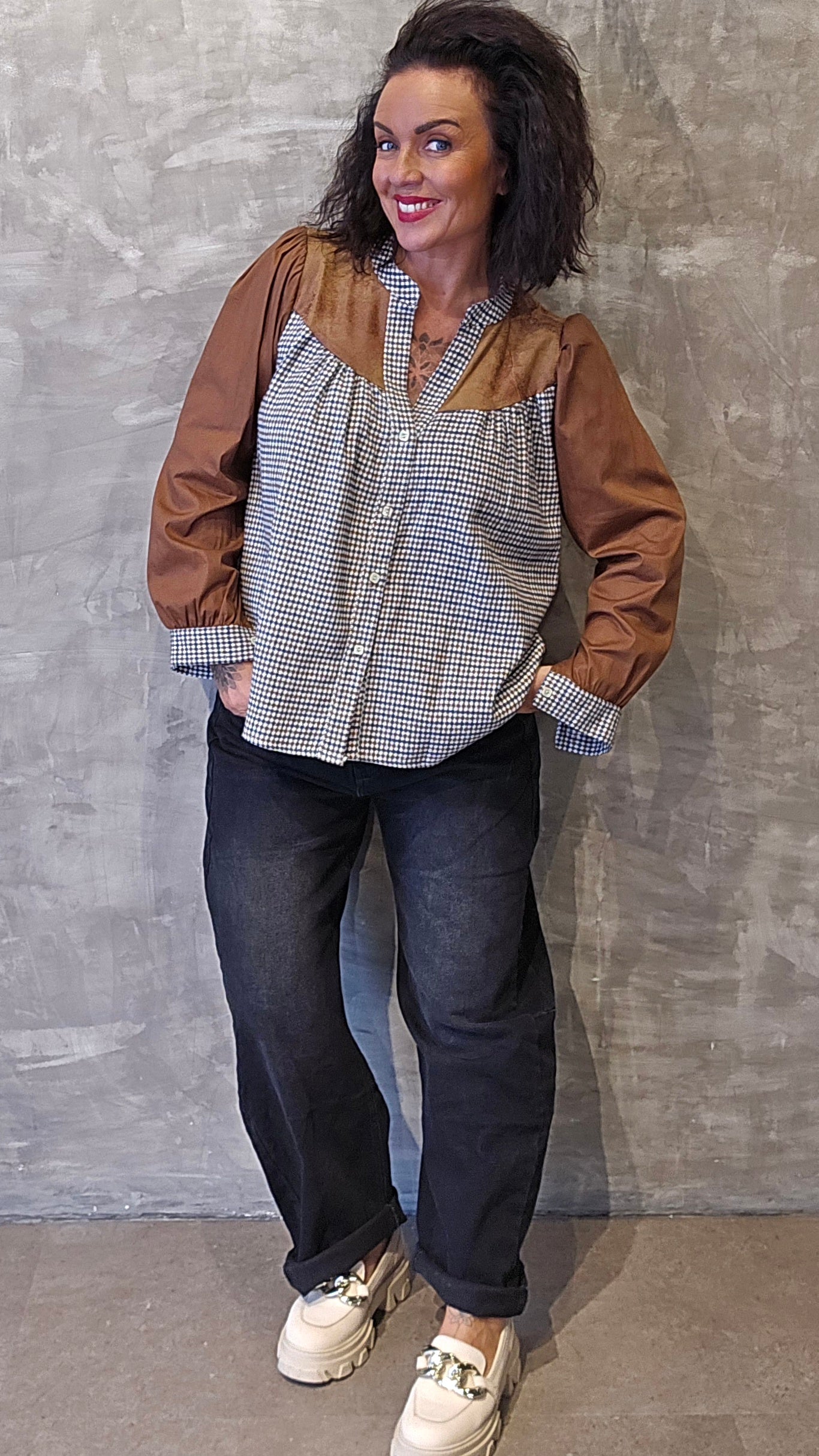Nora skjorte bluse brun med ruter