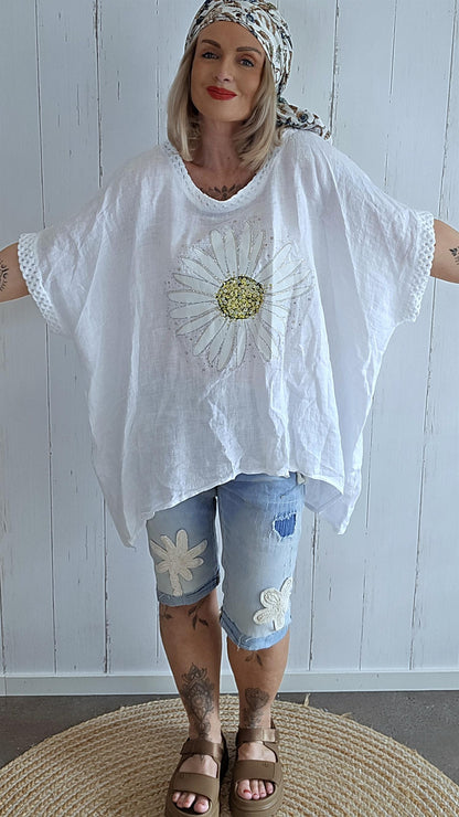 Lin Topp med Blomsterprint hvit
