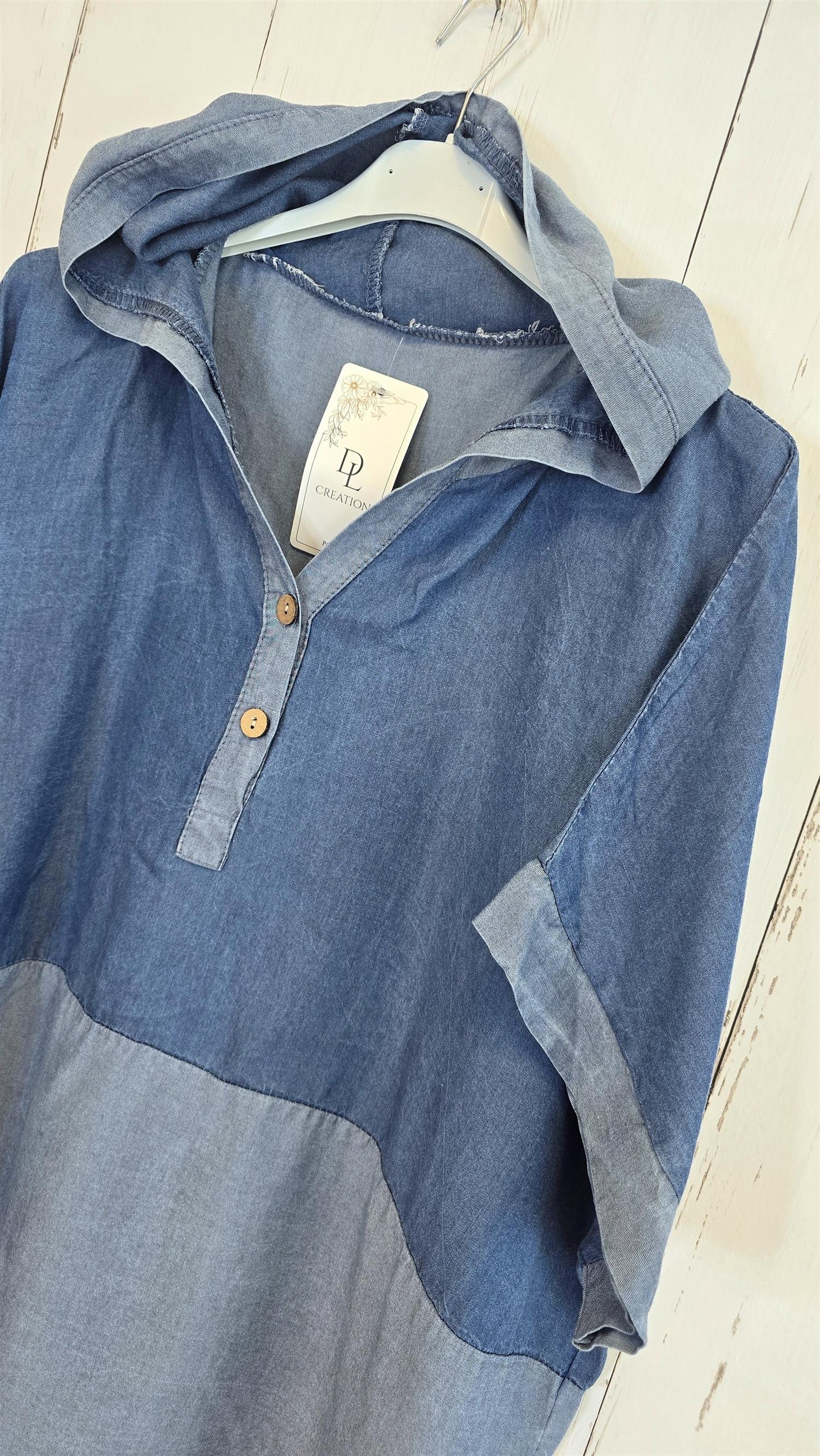 Denimlook Topp med Hette blå denim