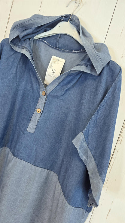 Denimlook Topp med Hette blå denim