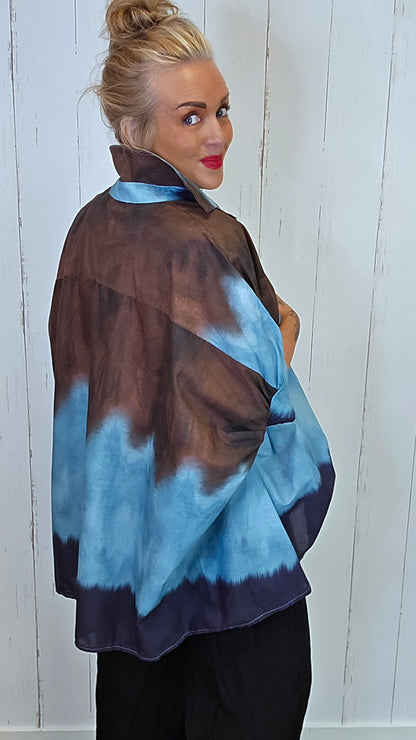 Batikk Poncho skjorte blå/brun