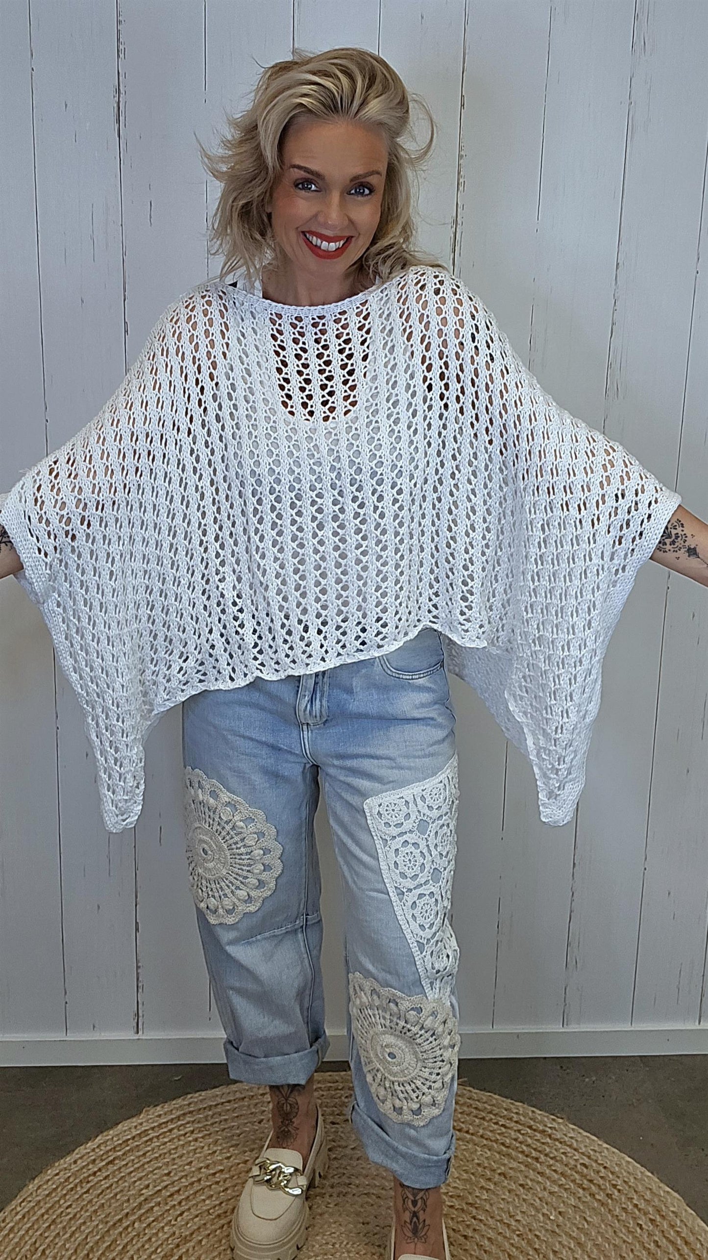 Eline Strikket Poncho Topp hvit