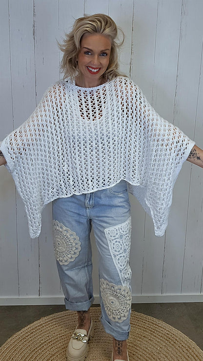 Eline Strikket Poncho Topp hvit