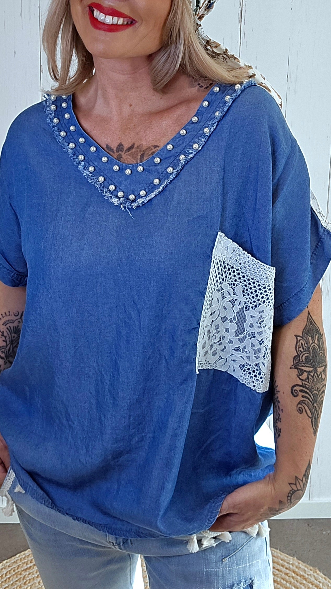 Danie denimlook Topp med Perledetaljer