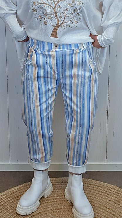 Gunnvor bukse blå/beige stripet