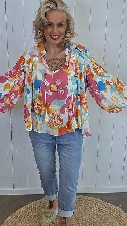 Janine bluse med print rosa