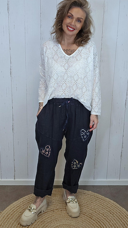 Ally linbukse med paljetthjerter Navy