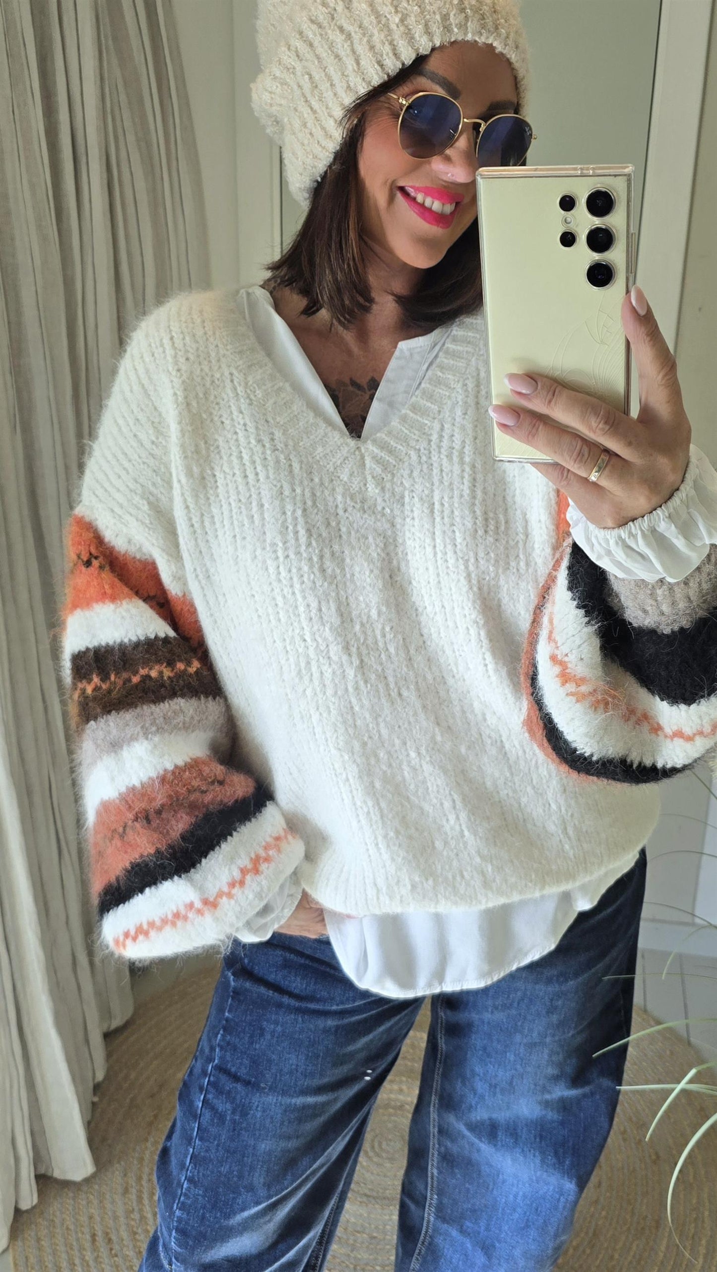 Camilla strikket genser med vide armer creme