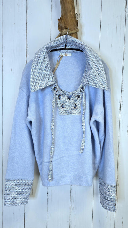 Rosita strikkegenser med tweed-detaljer blå