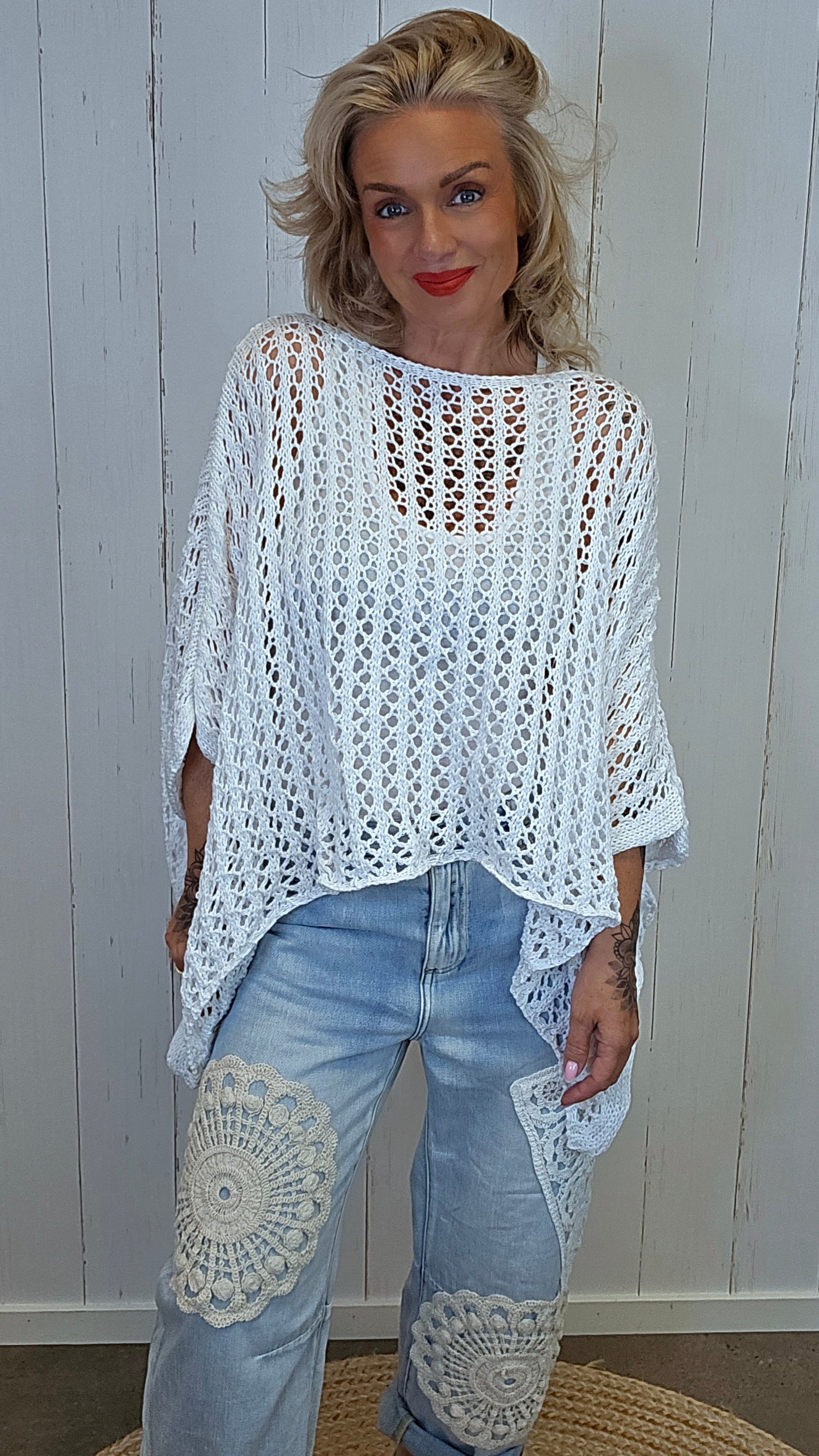 Eline Strikket Poncho Topp hvit