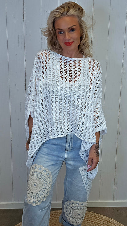 Eline Strikket Poncho Topp hvit