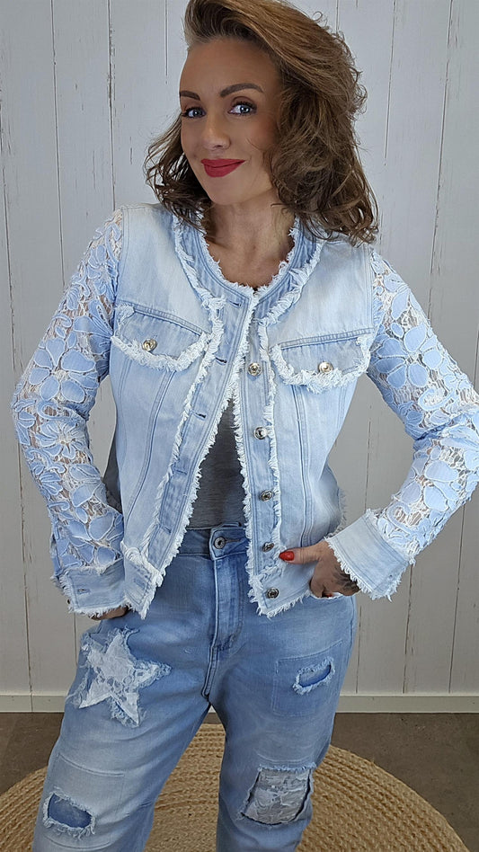 Pia denimjakke med blonder lysblå