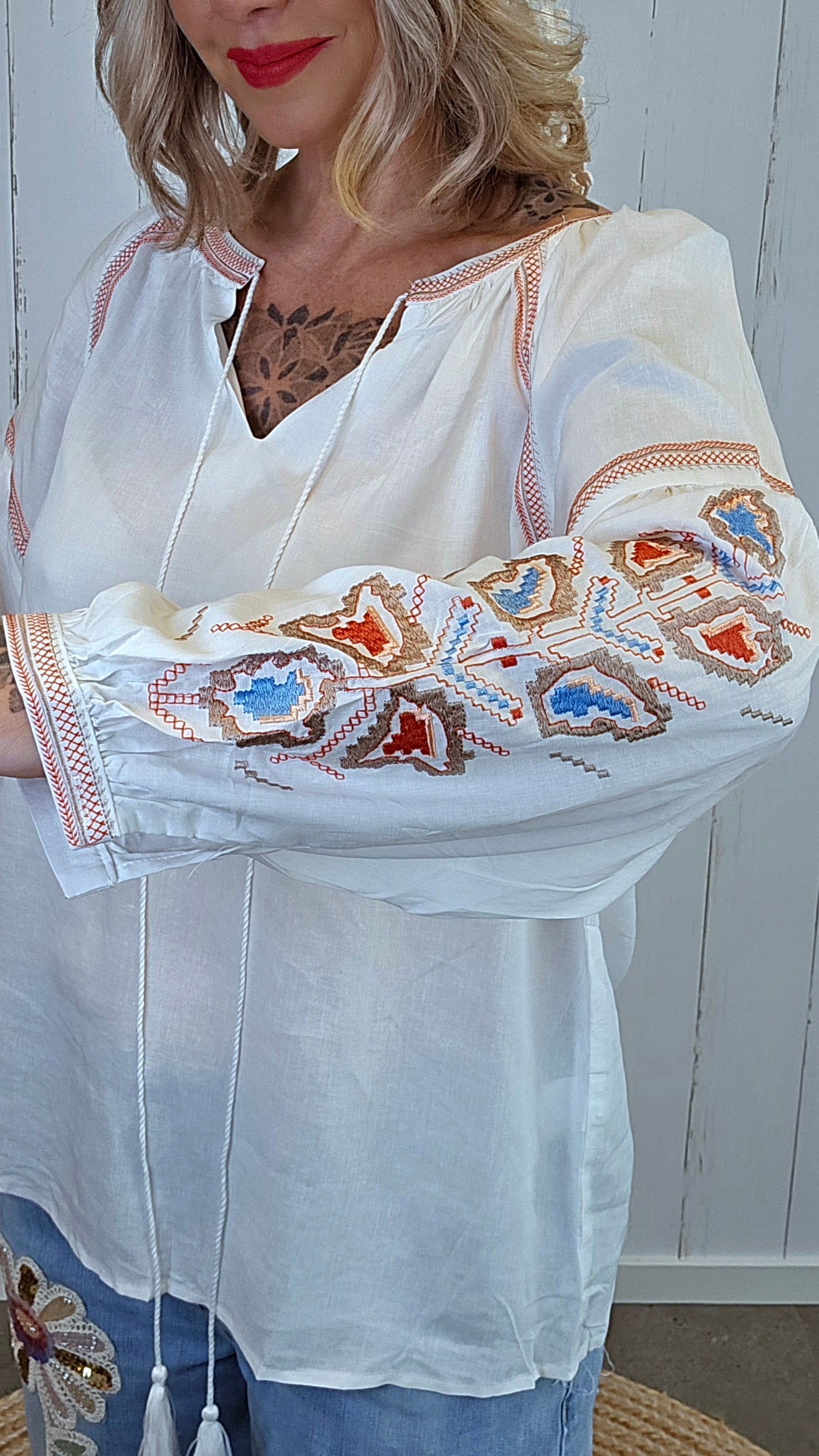 Bohemsk bomullsbluse med dusker