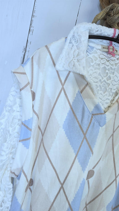 Argyle vest med blondetopp blå