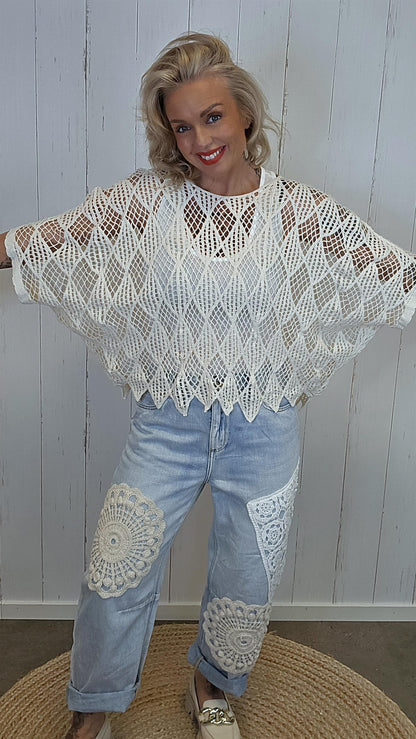 Clara ponchotopp heklet beige