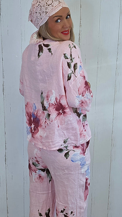 Line linskjorte med blomsterprint rosa