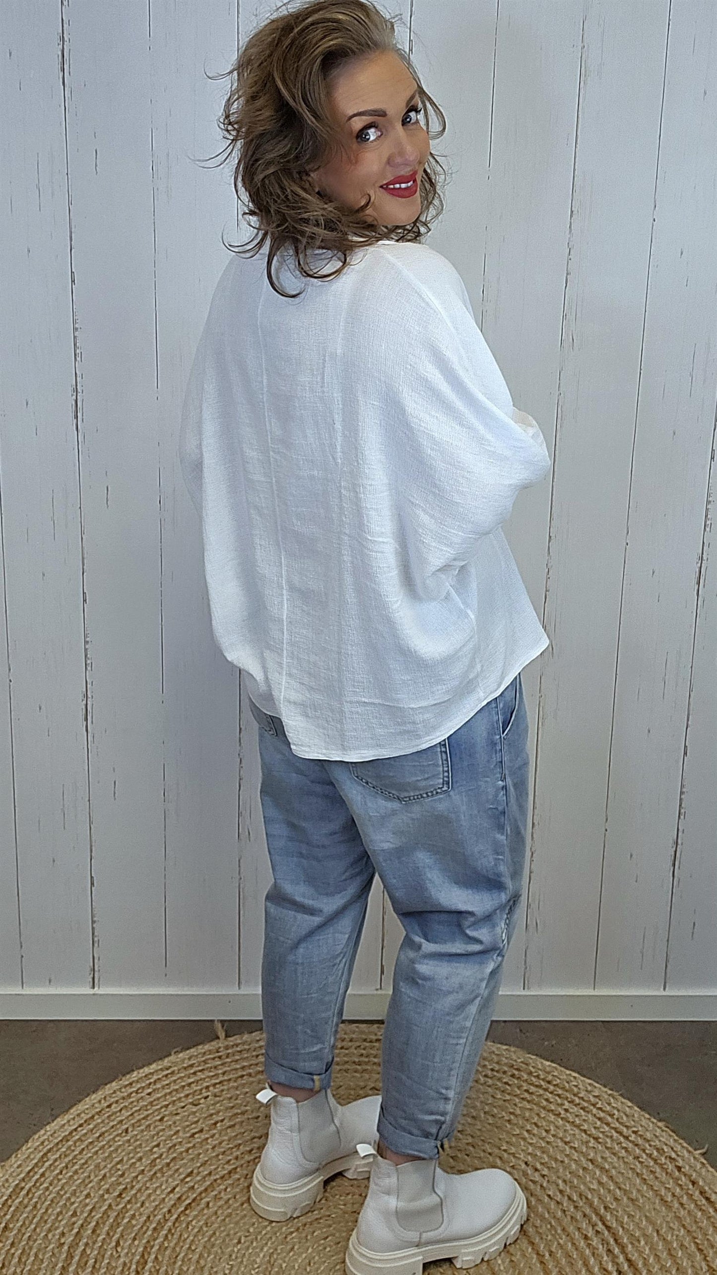 Elise bomull- og lintopp med krage