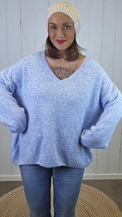 Ella Myk Strikket V-hals Genser Blå
