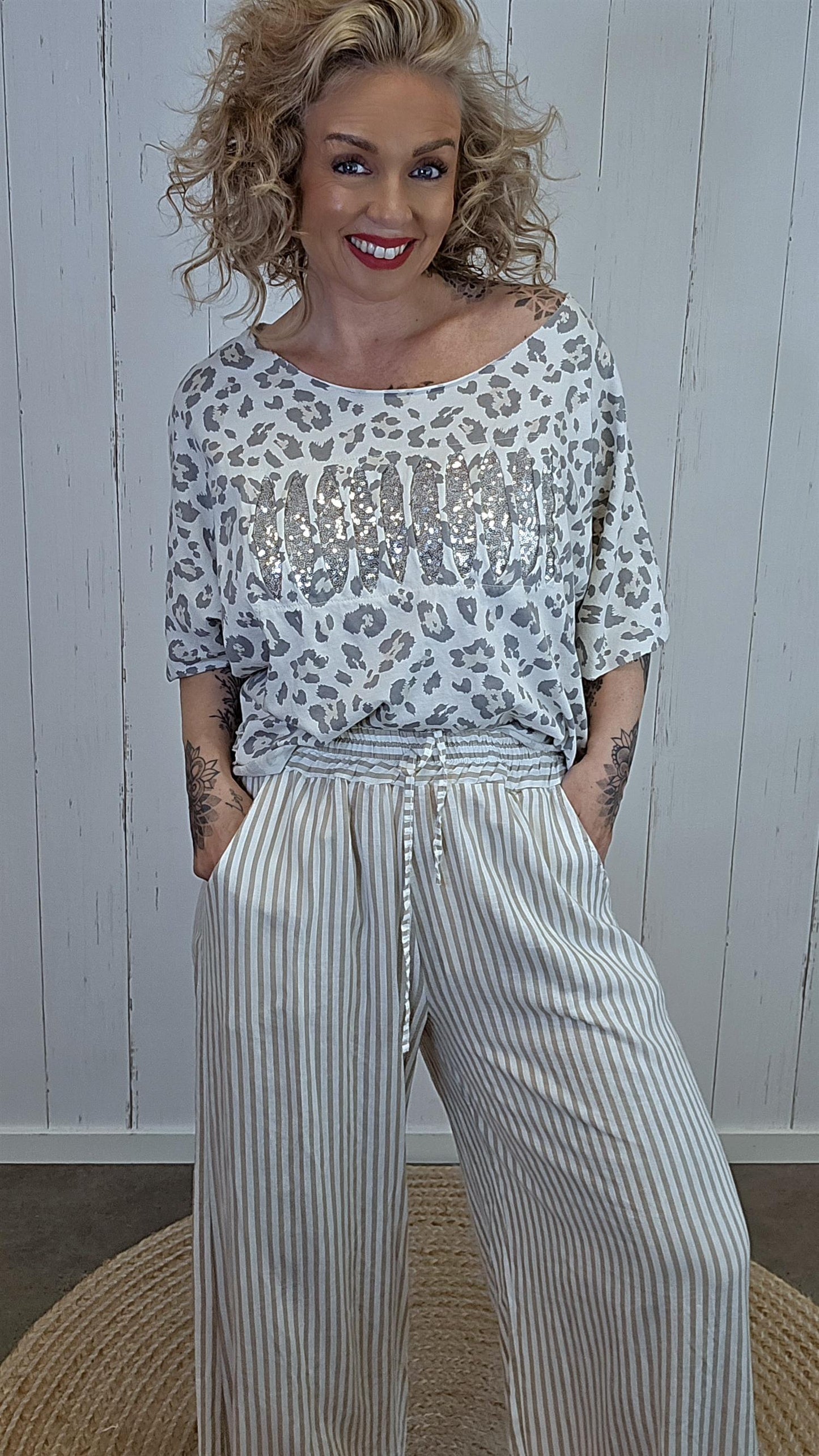 Lydia linbukse beige stripet