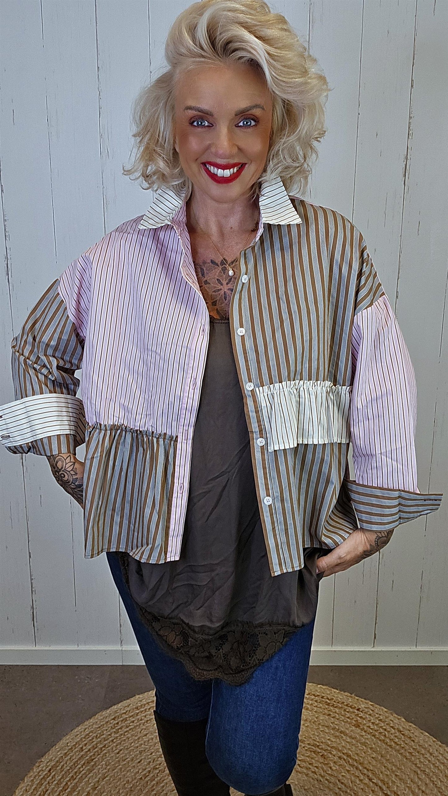 Hermine patchwork skjorte med striper rosa