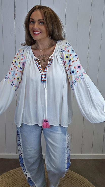 Hanna brodert bluse offwhite