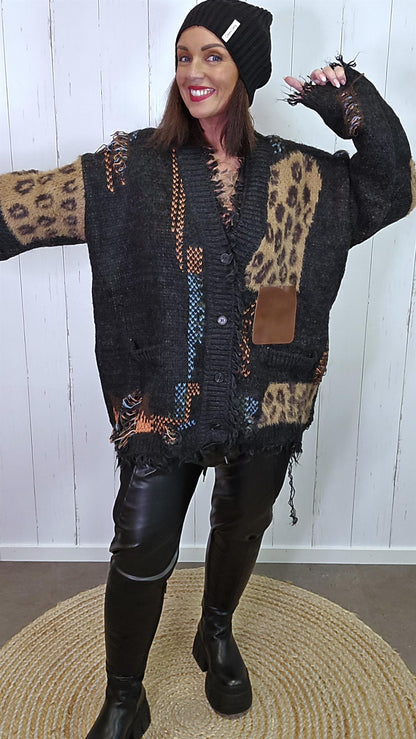 Rikke sort cardigan med leoparddetaljer
