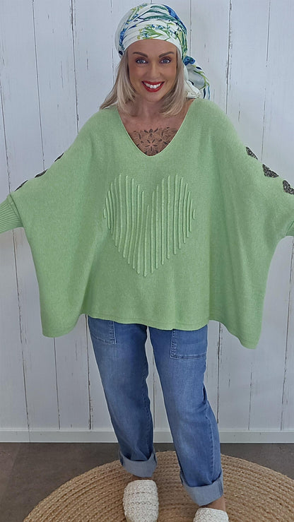 Strikket Ponchogenser med Hjerte grønn