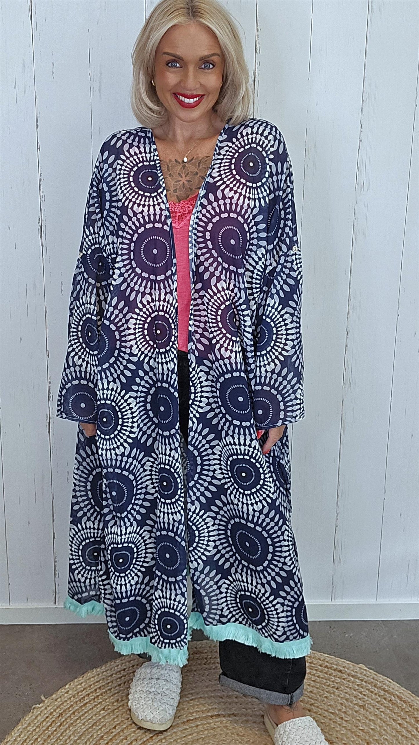 Lang kimono med print navy