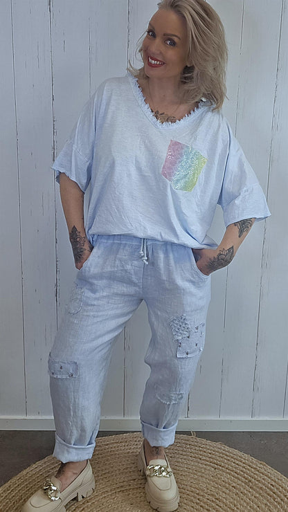 Linbukse med patch-detaljer blå